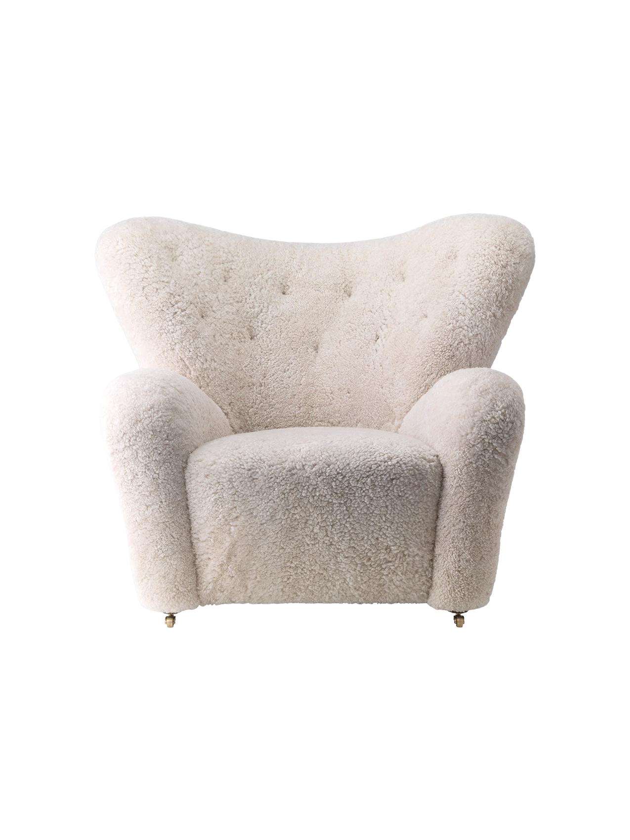 Lounge Chair in Sheepskin Curved Armchair, Oak Legs, Brass Casters