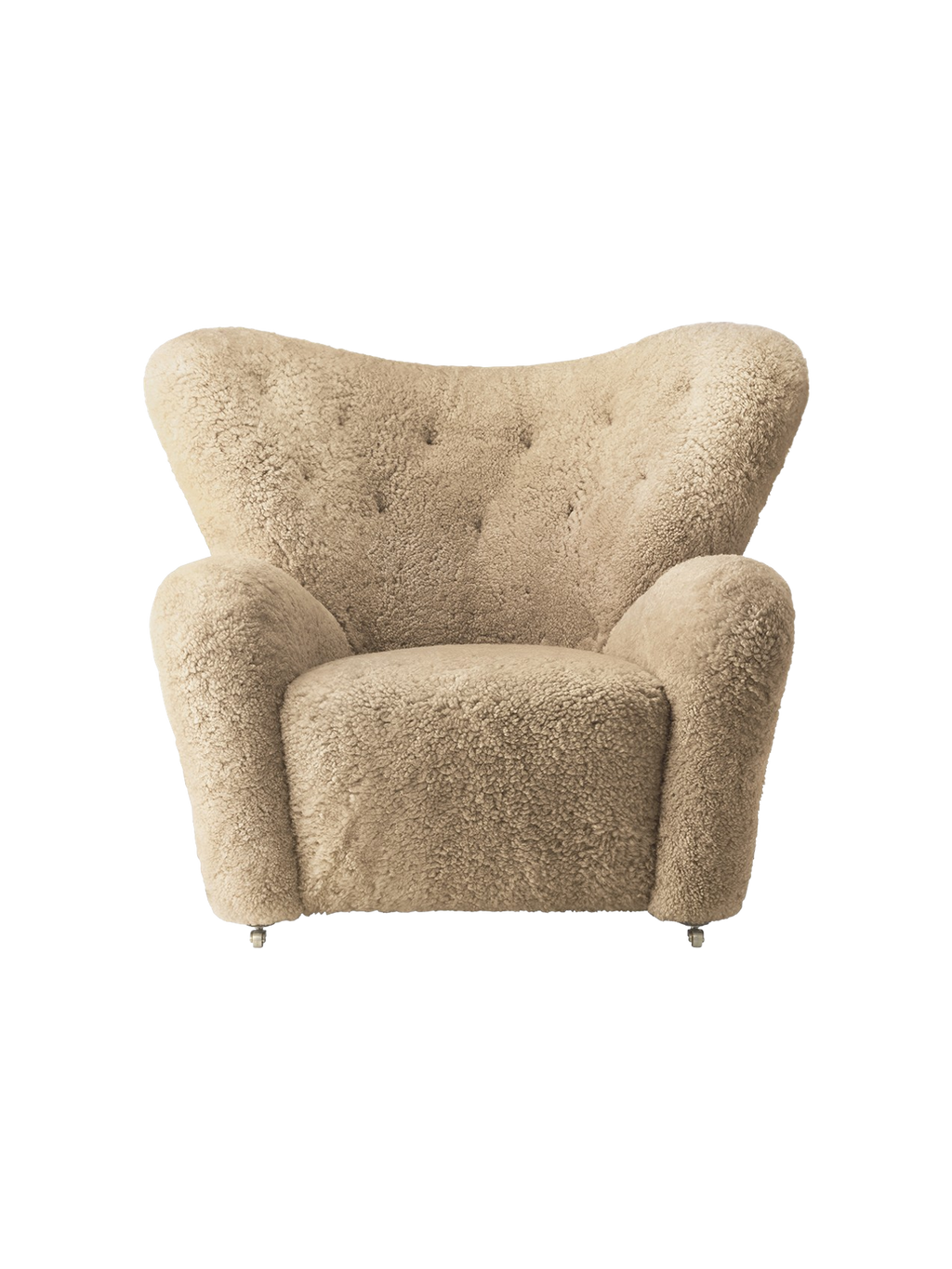 Lounge Chair in Sheepskin Curved Armchair, Oak Legs, Brass Casters