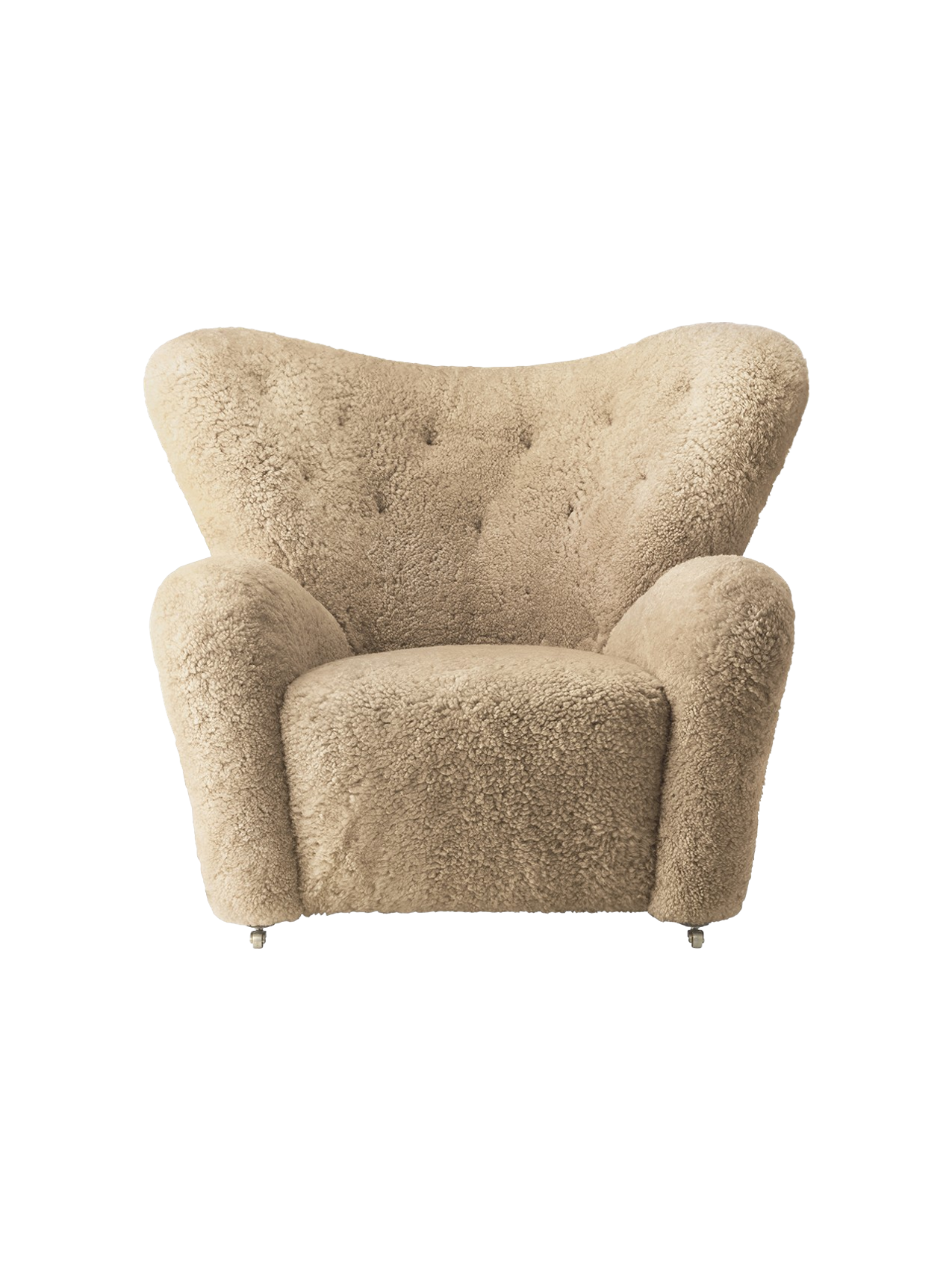 Lounge Chair in Sheepskin Curved Armchair, Oak Legs, Brass Casters