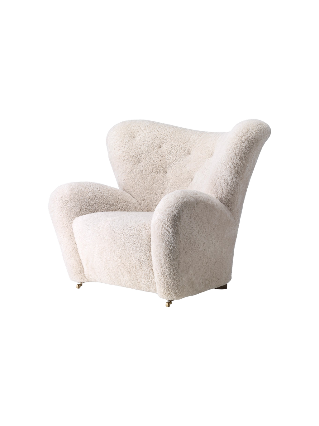 Lounge Chair in Sheepskin Curved Armchair, Oak Legs, Brass Casters