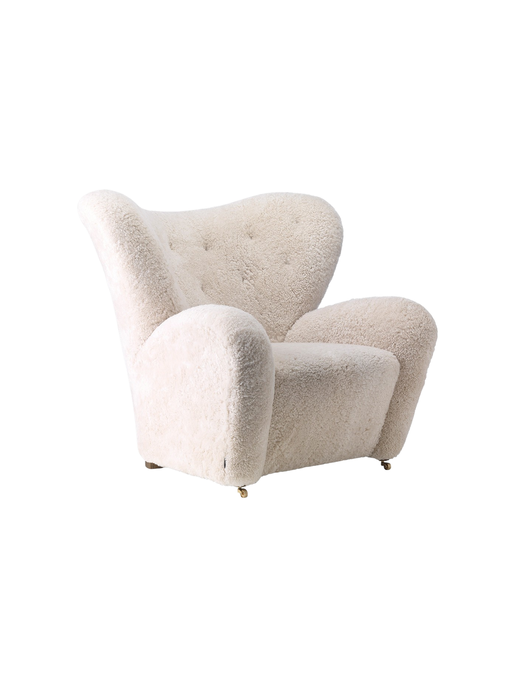Lounge Chair in Sheepskin Curved Armchair, Oak Legs, Brass Casters