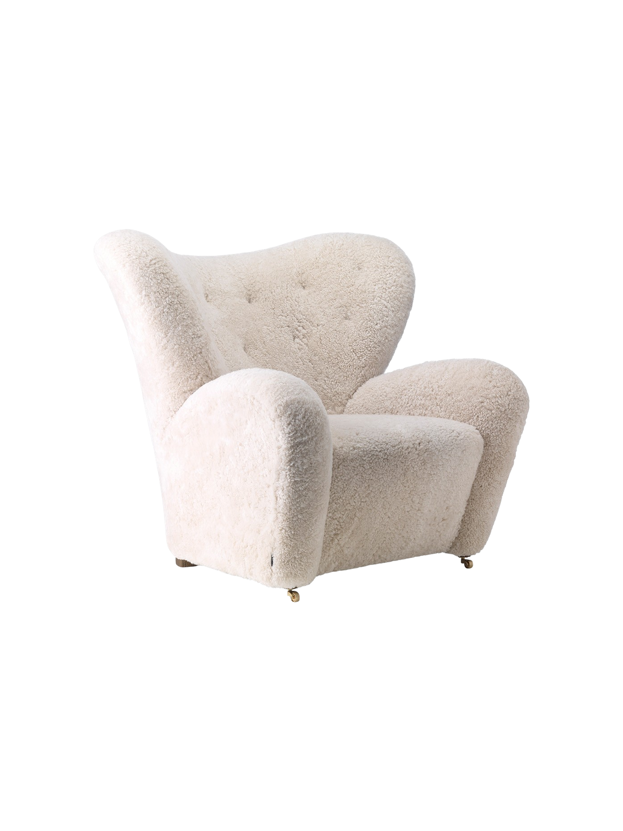 Lounge Chair in Sheepskin Curved Armchair, Oak Legs, Brass Casters