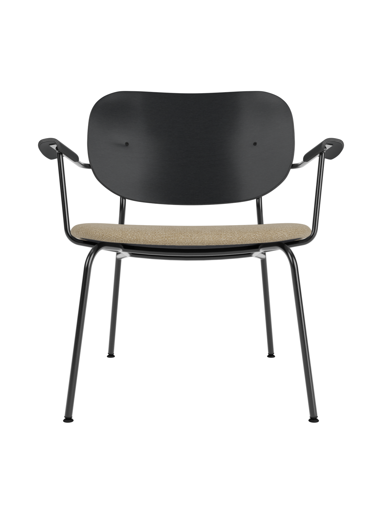 Lounge Chair, Upholstered Seat Veneer Back, Curved Armrests, Steel Frame