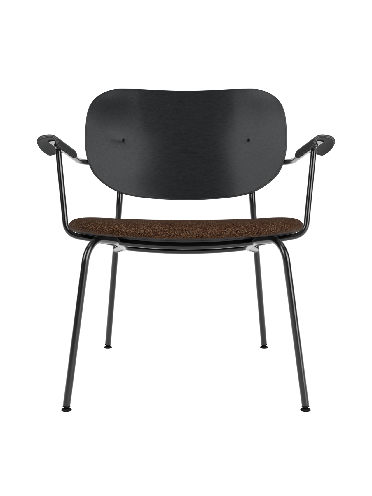 Lounge Chair, Upholstered Seat Veneer Back, Curved Armrests, Steel Frame