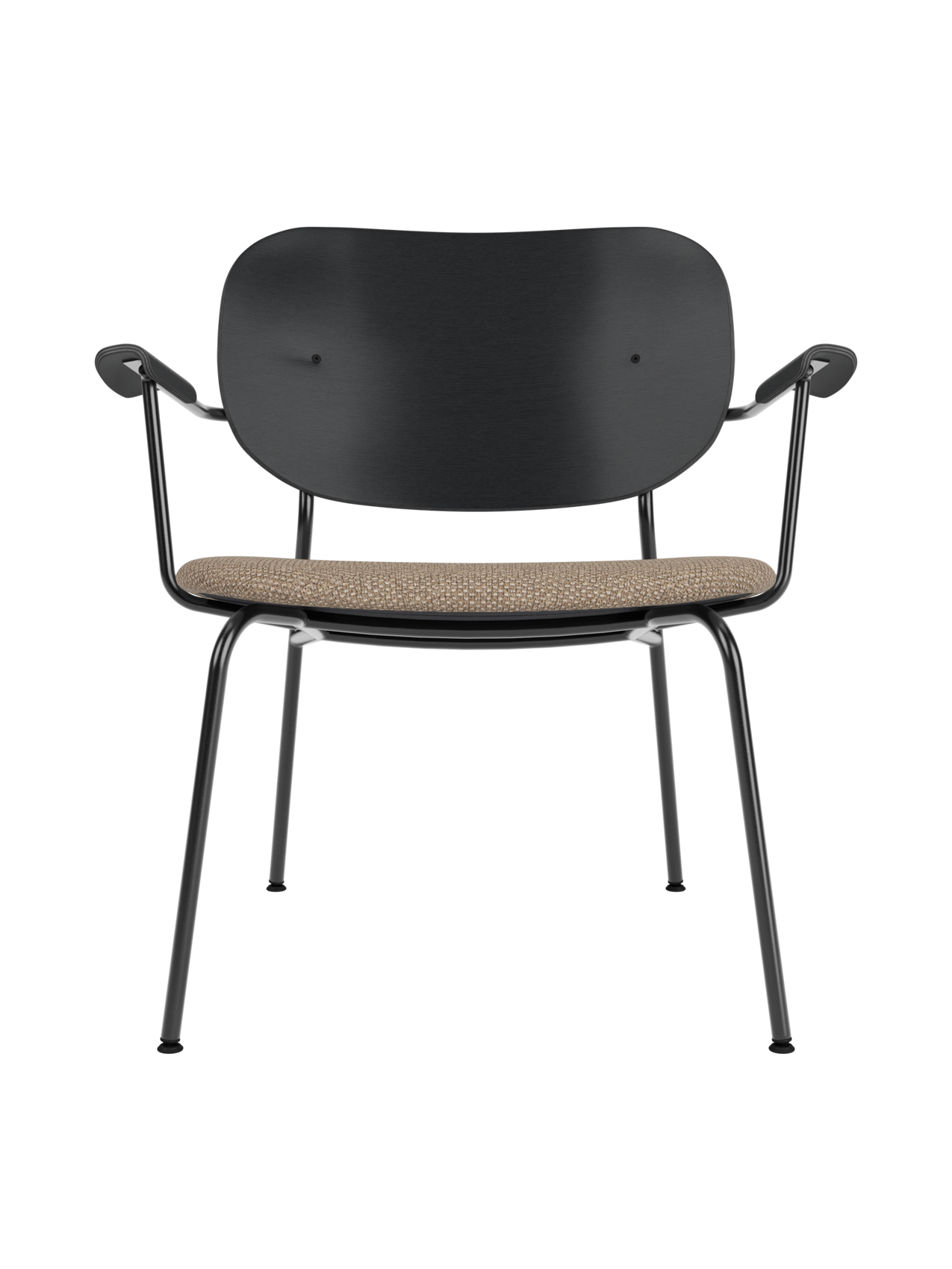 Lounge Chair, Upholstered Seat Veneer Back, Curved Armrests, Steel Frame