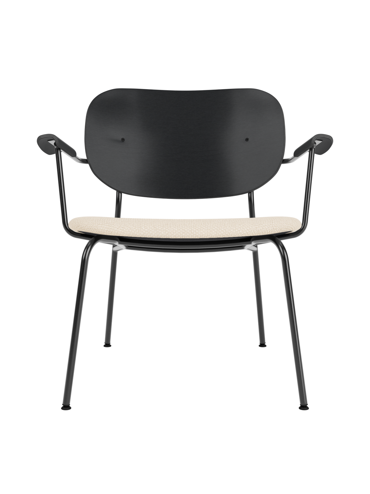 Lounge Chair, Upholstered Seat Veneer Back, Curved Armrests, Steel Frame