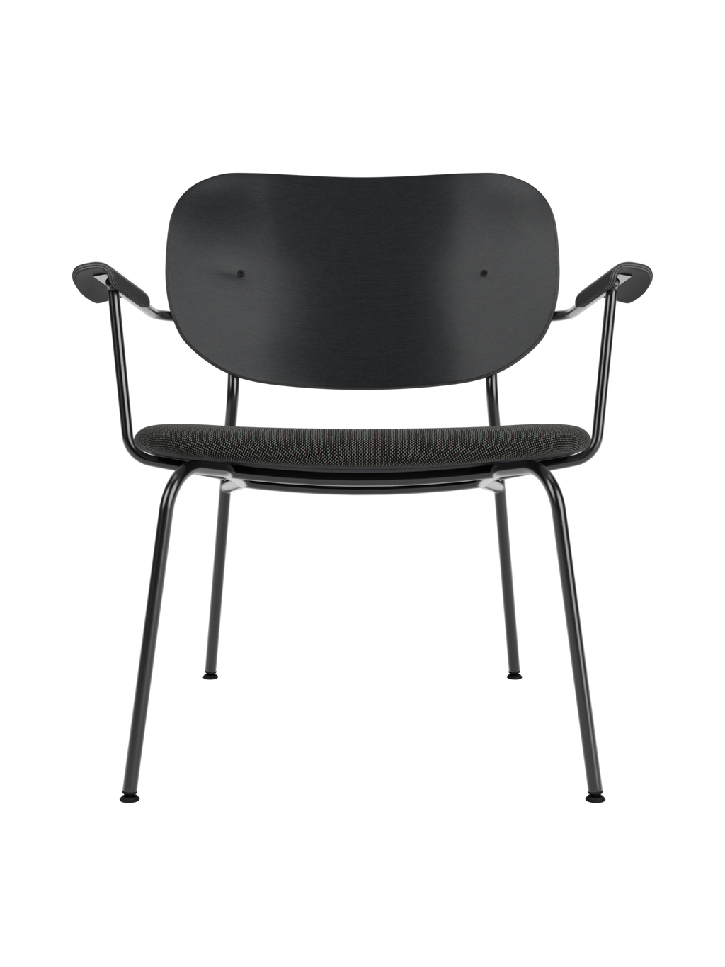 Lounge Chair, Upholstered Seat Veneer Back, Curved Armrests, Steel Frame