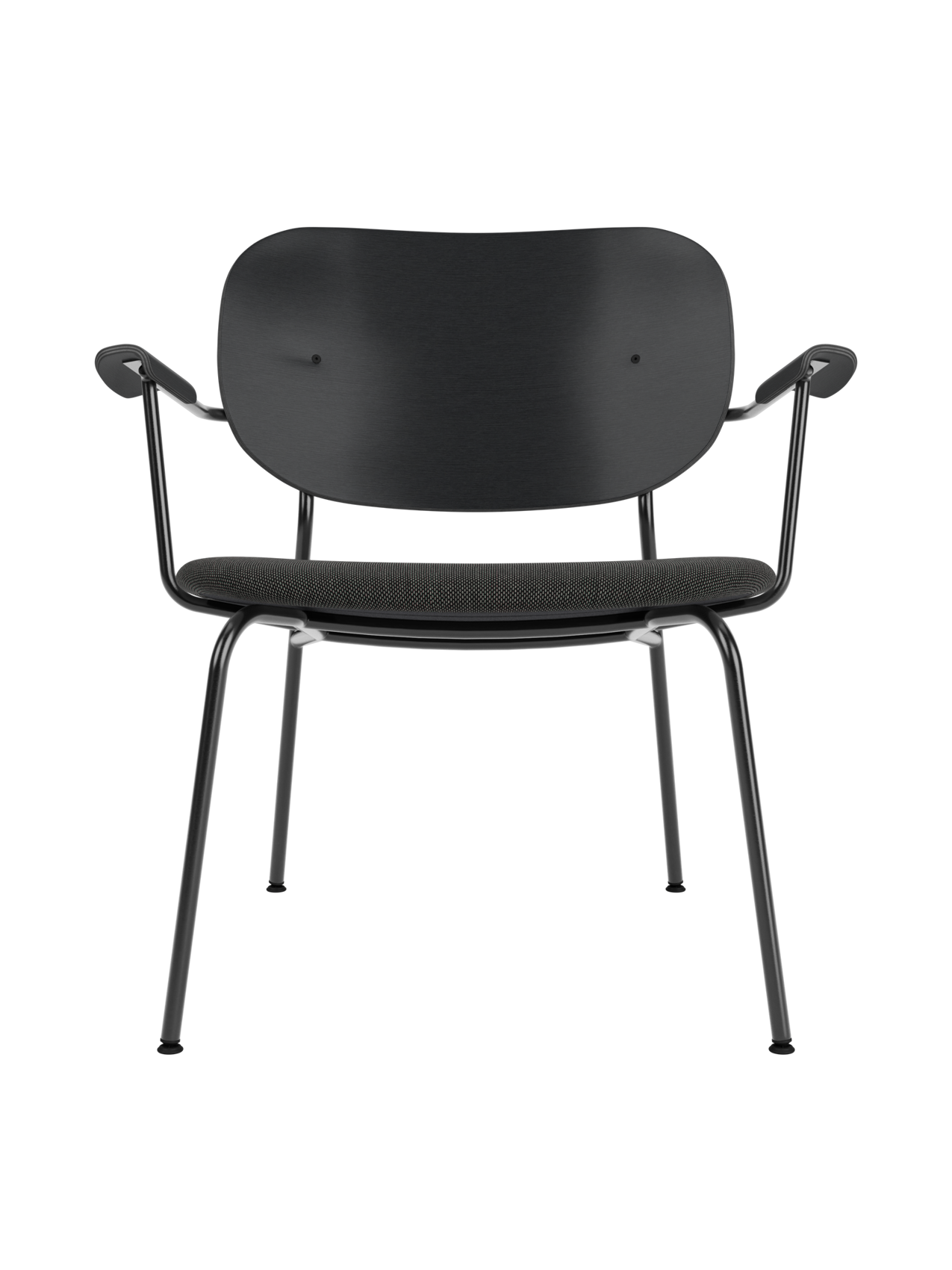 Lounge Chair, Upholstered Seat Veneer Back, Curved Armrests, Steel Frame