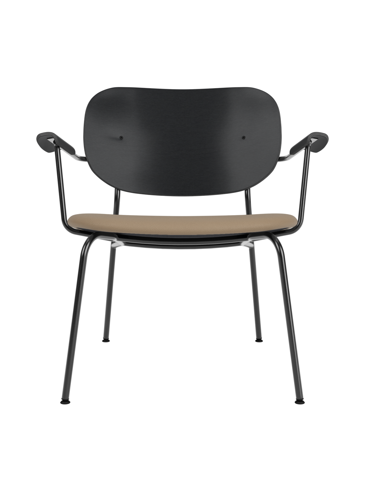 Lounge Chair, Upholstered Seat Veneer Back, Curved Armrests, Steel Frame