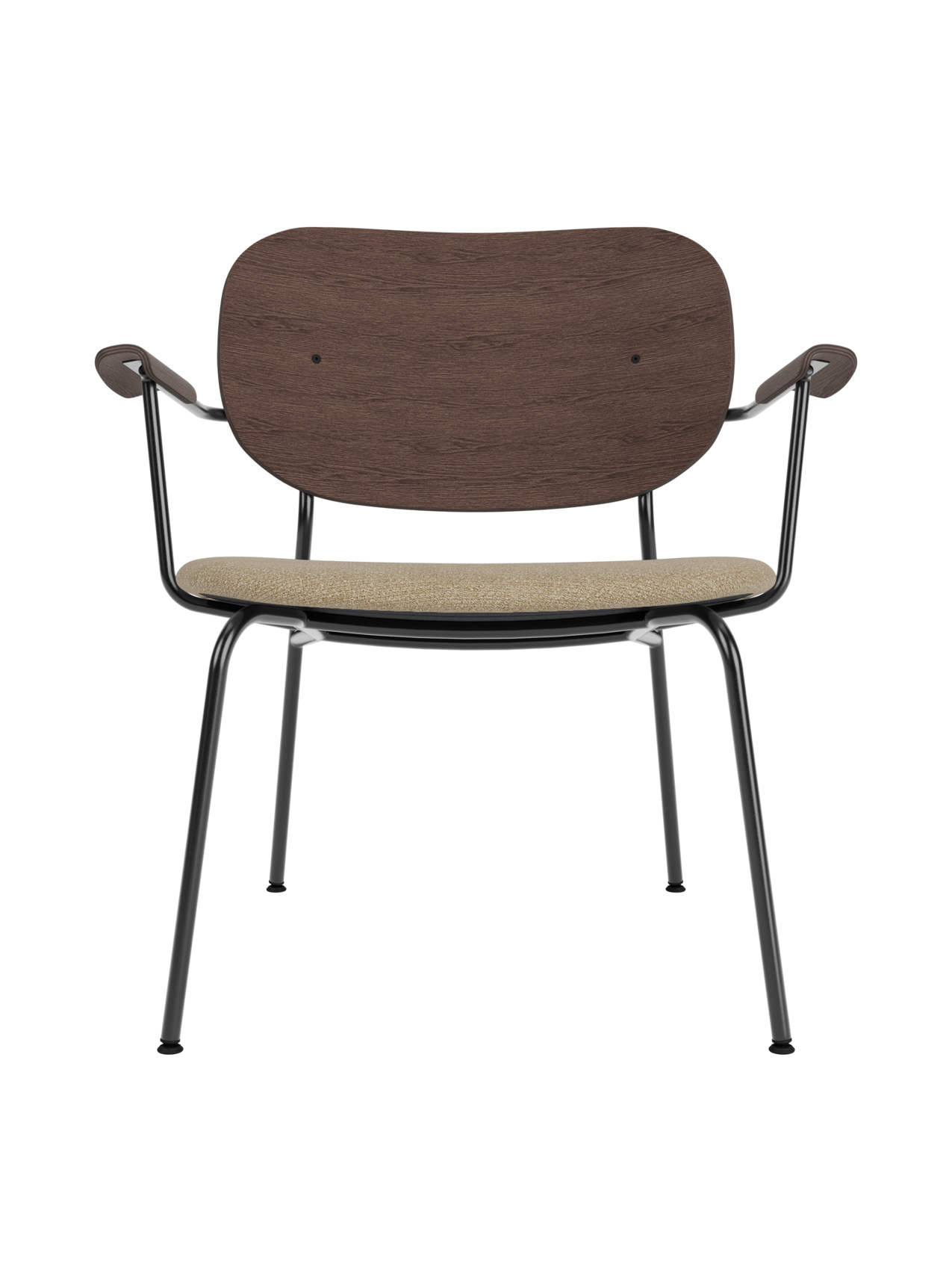 Lounge Chair, Upholstered Seat Veneer Back, Curved Armrests, Steel Frame
