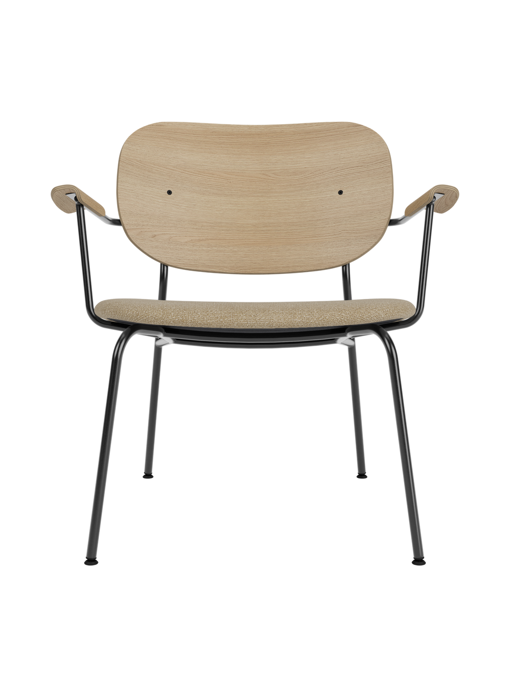 Lounge Chair, Upholstered Seat Veneer Back, Curved Armrests, Steel Frame