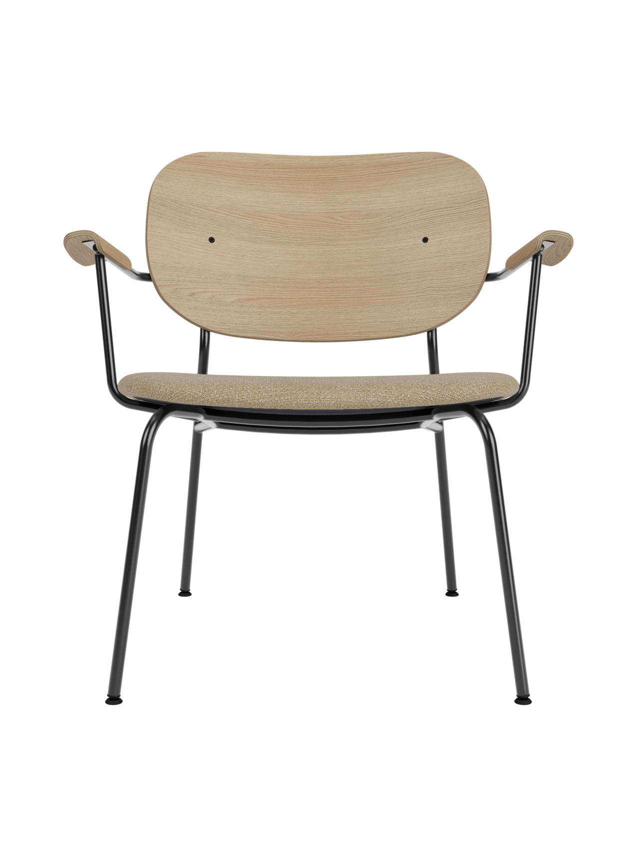 Lounge Chair, Upholstered Seat Veneer Back, Curved Armrests, Steel Frame