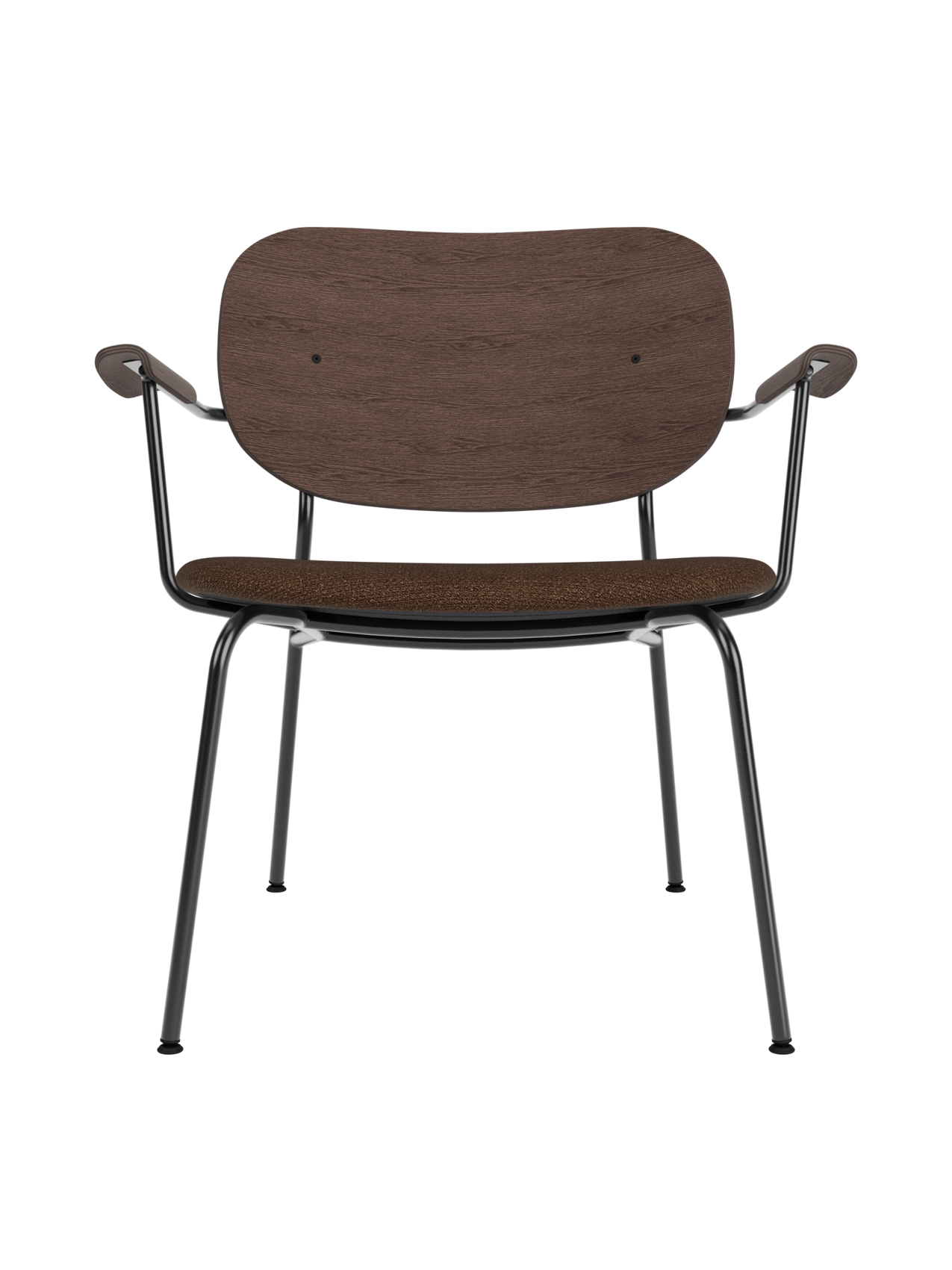 Lounge Chair, Upholstered Seat Veneer Back, Curved Armrests, Steel Frame