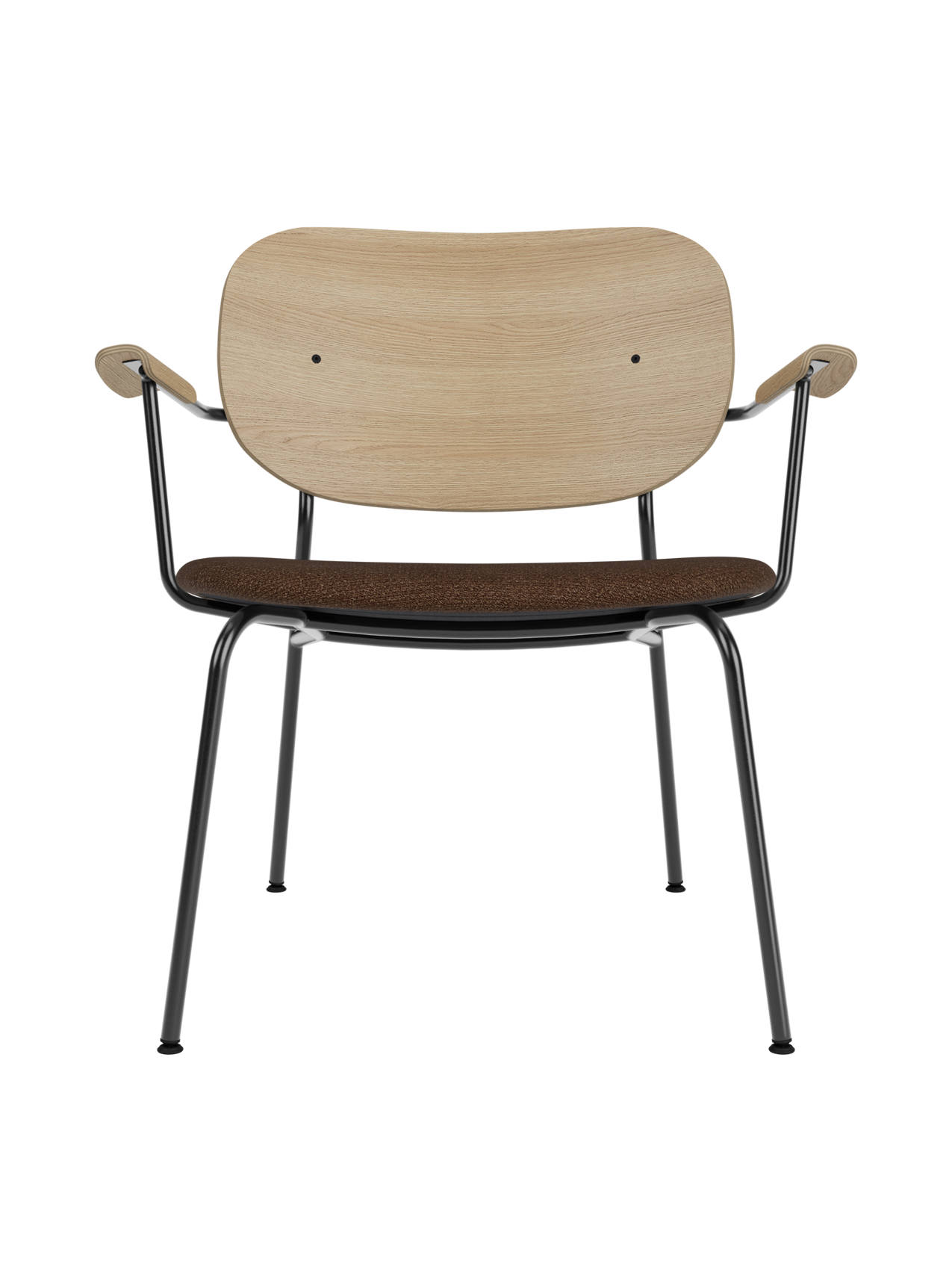 Lounge Chair, Upholstered Seat Veneer Back, Curved Armrests, Steel Frame
