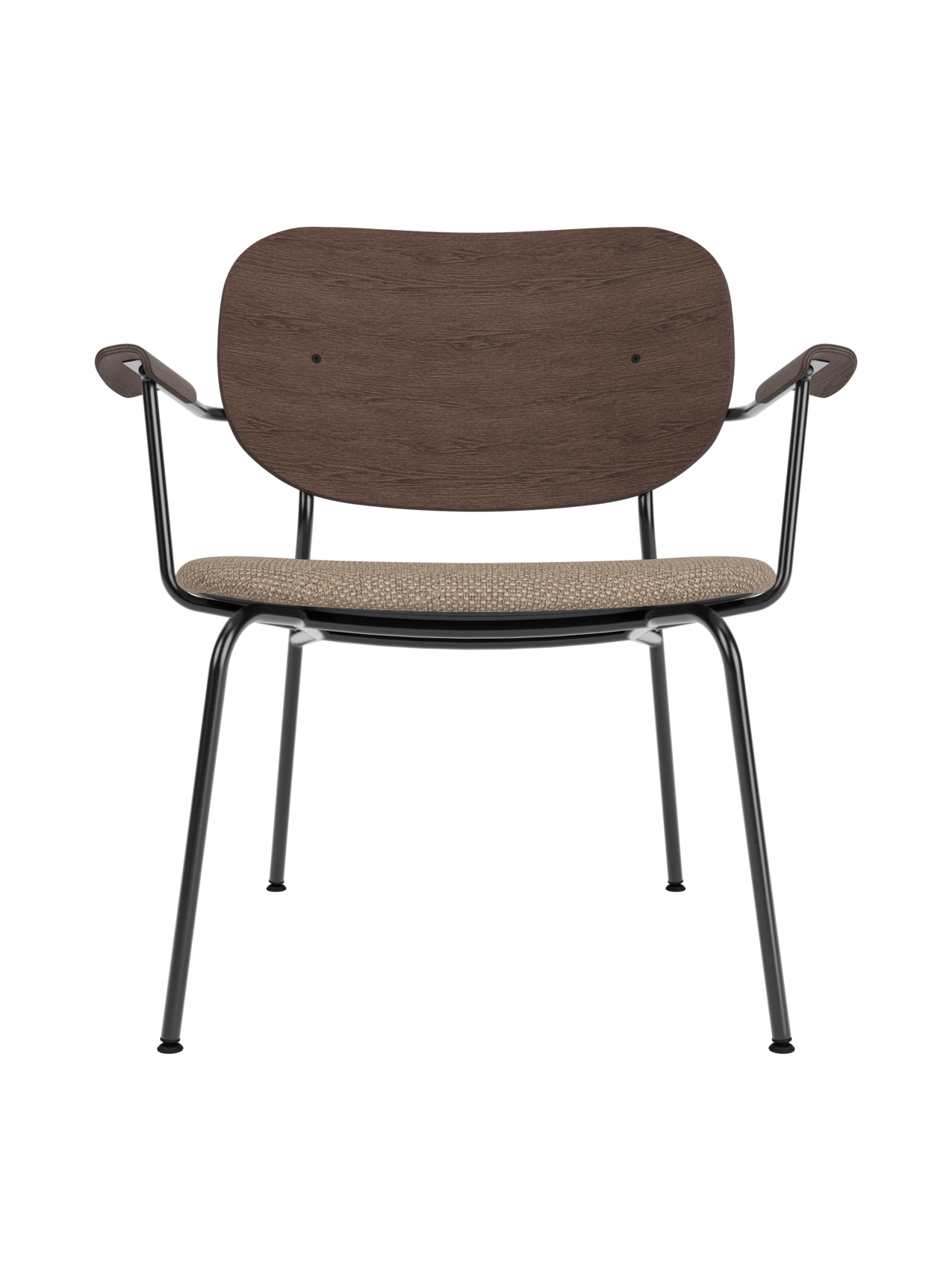 Lounge Chair, Upholstered Seat Veneer Back, Curved Armrests, Steel Frame