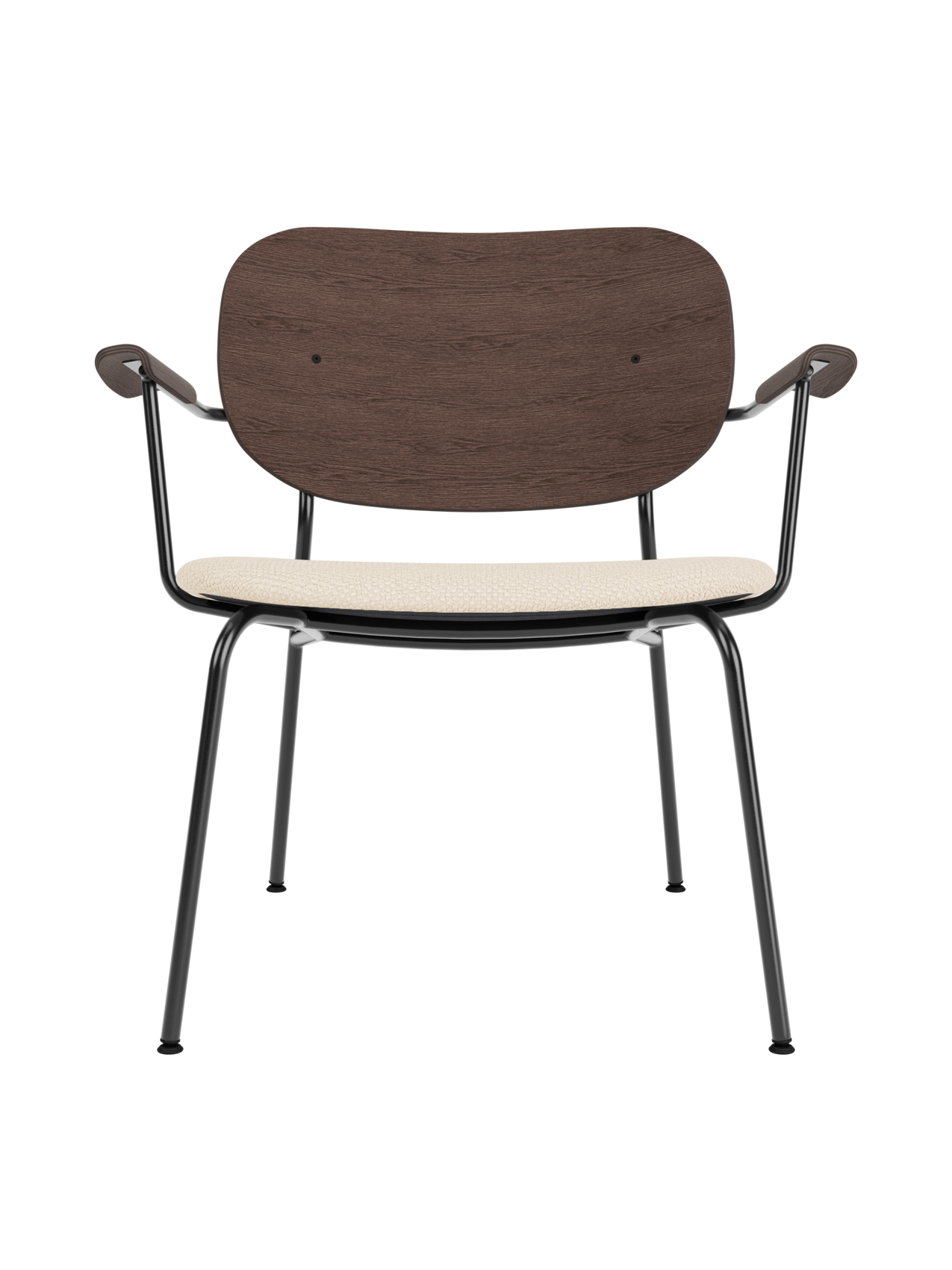Lounge Chair, Upholstered Seat Veneer Back, Curved Armrests, Steel Frame