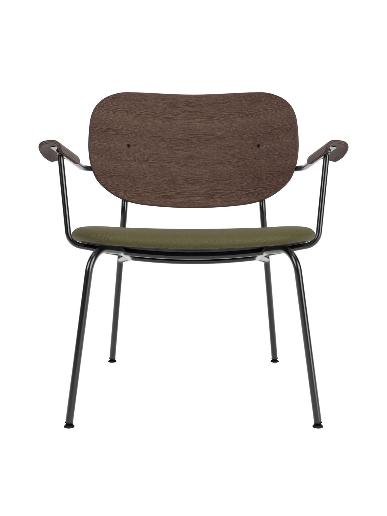 Lounge Chair, Upholstered Seat Veneer Back, Curved Armrests, Steel Frame