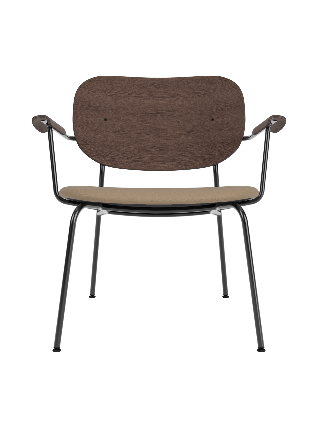 Lounge Chair, Upholstered Seat Veneer Back, Curved Armrests, Steel Frame
