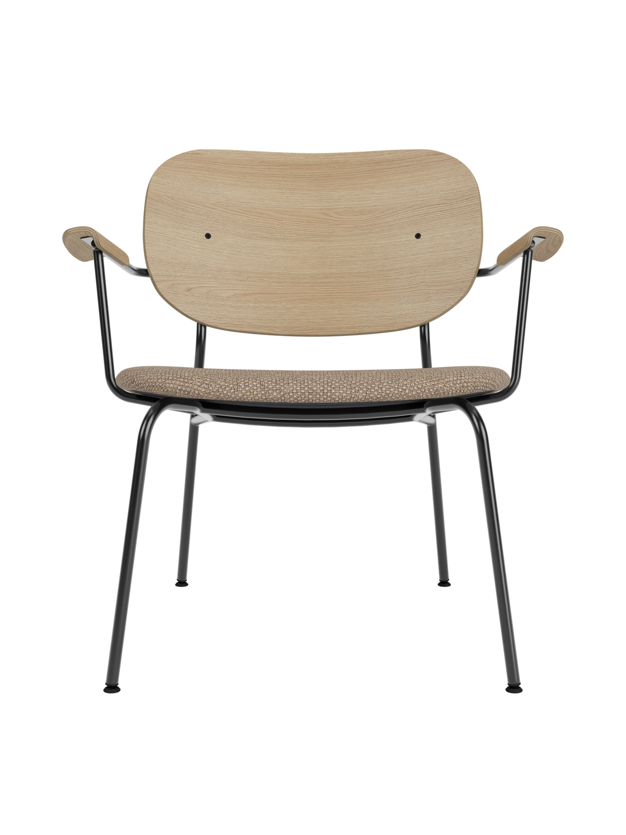 Lounge Chair, Upholstered Seat Veneer Back, Curved Armrests, Steel Frame