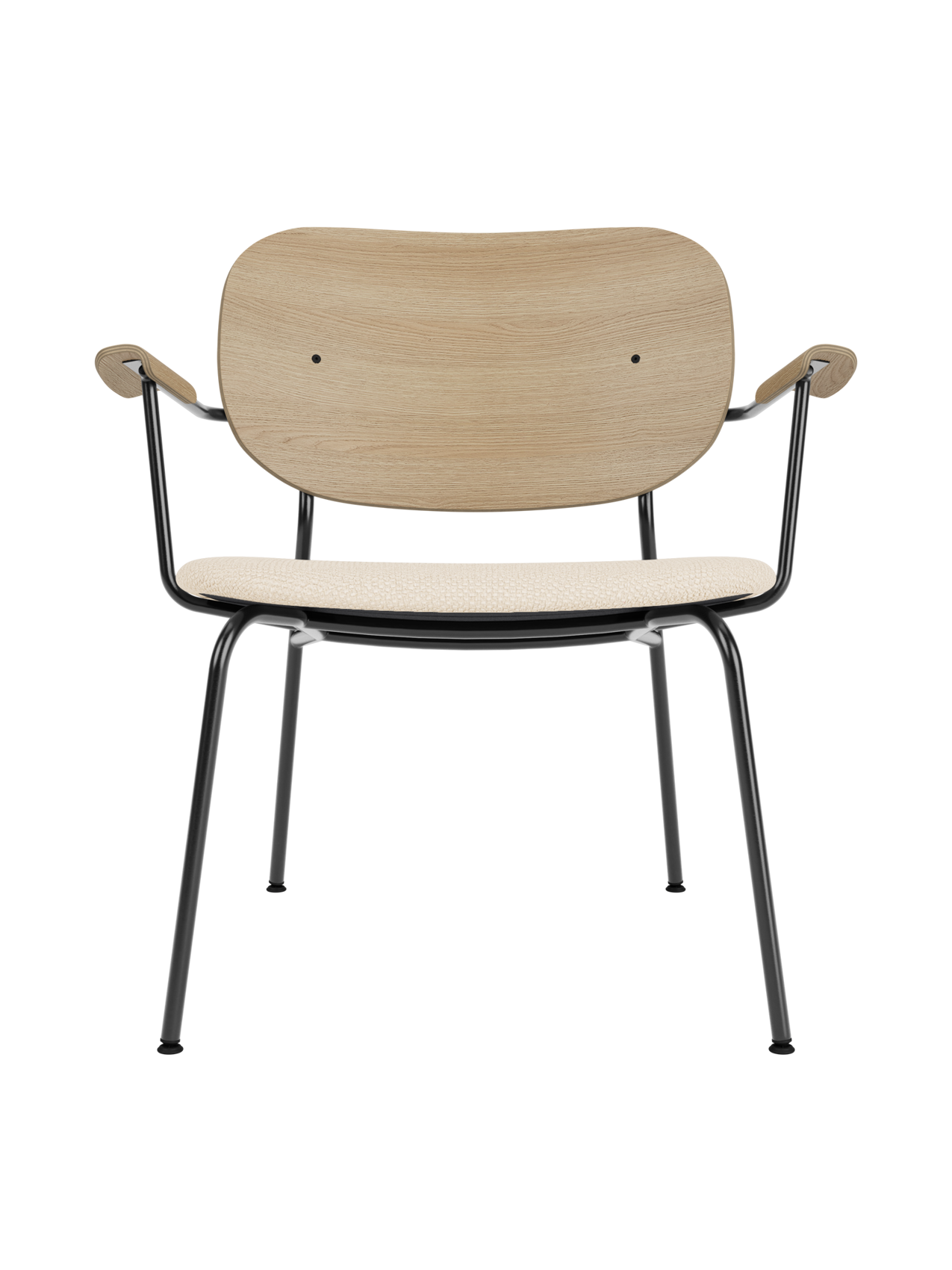 Lounge Chair, Upholstered Seat Veneer Back, Curved Armrests, Steel Frame