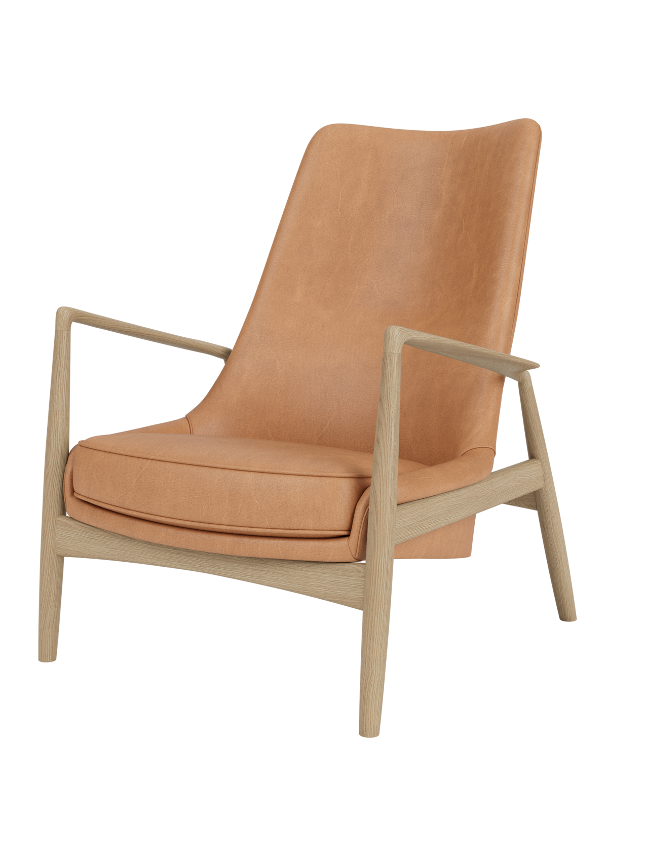 High Back Lounge Chair Angled Frame, Leather Upholstery, Floating Shell