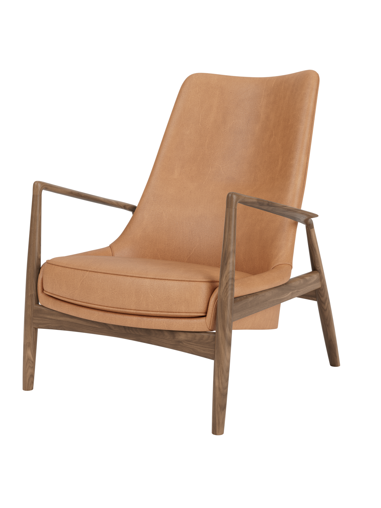 High Back Lounge Chair Angled Frame, Leather Upholstery, Floating Shell