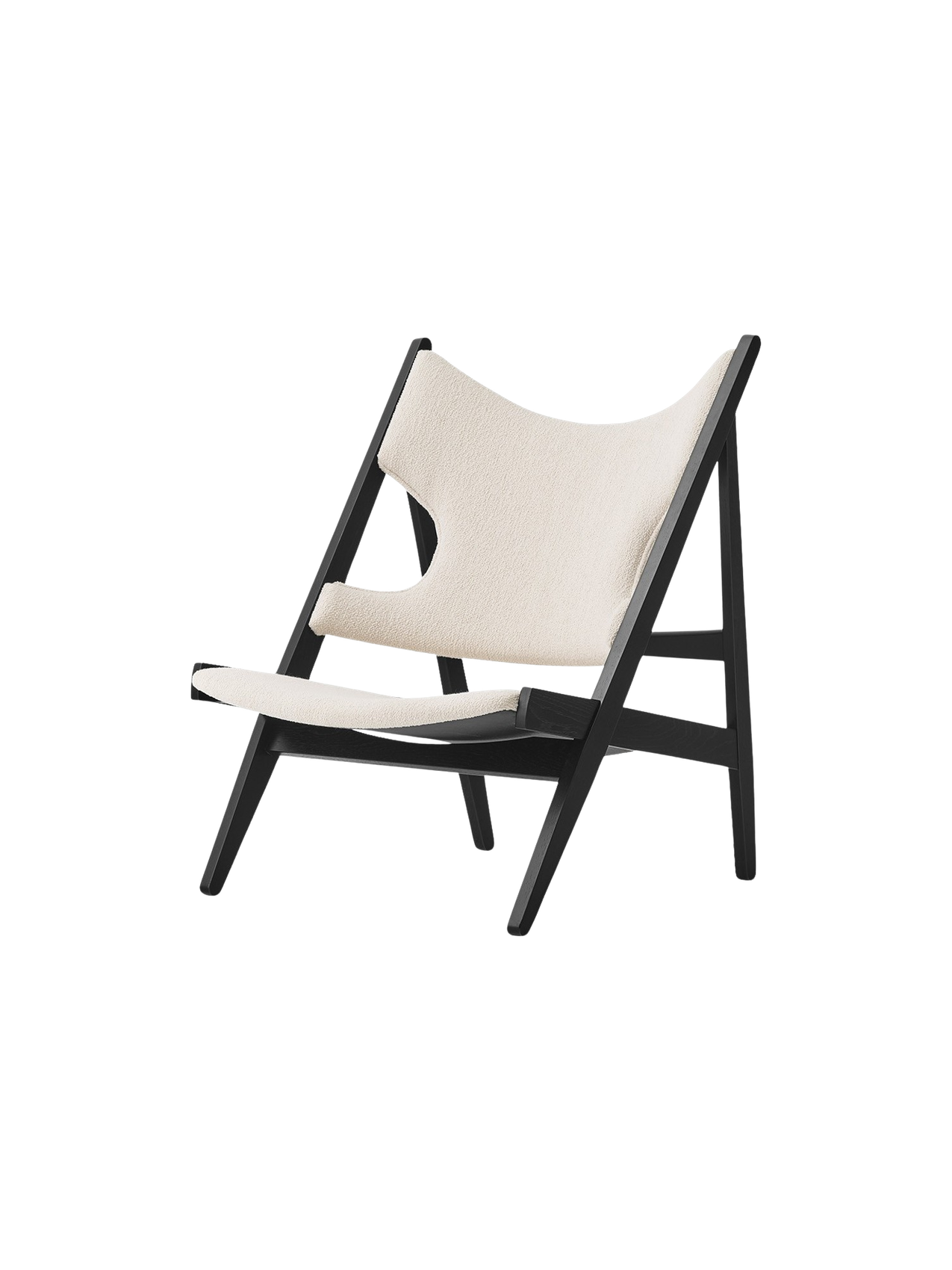 Lounge Chair in Black Oak Elbow Cut-Outs, Ivory Boucl