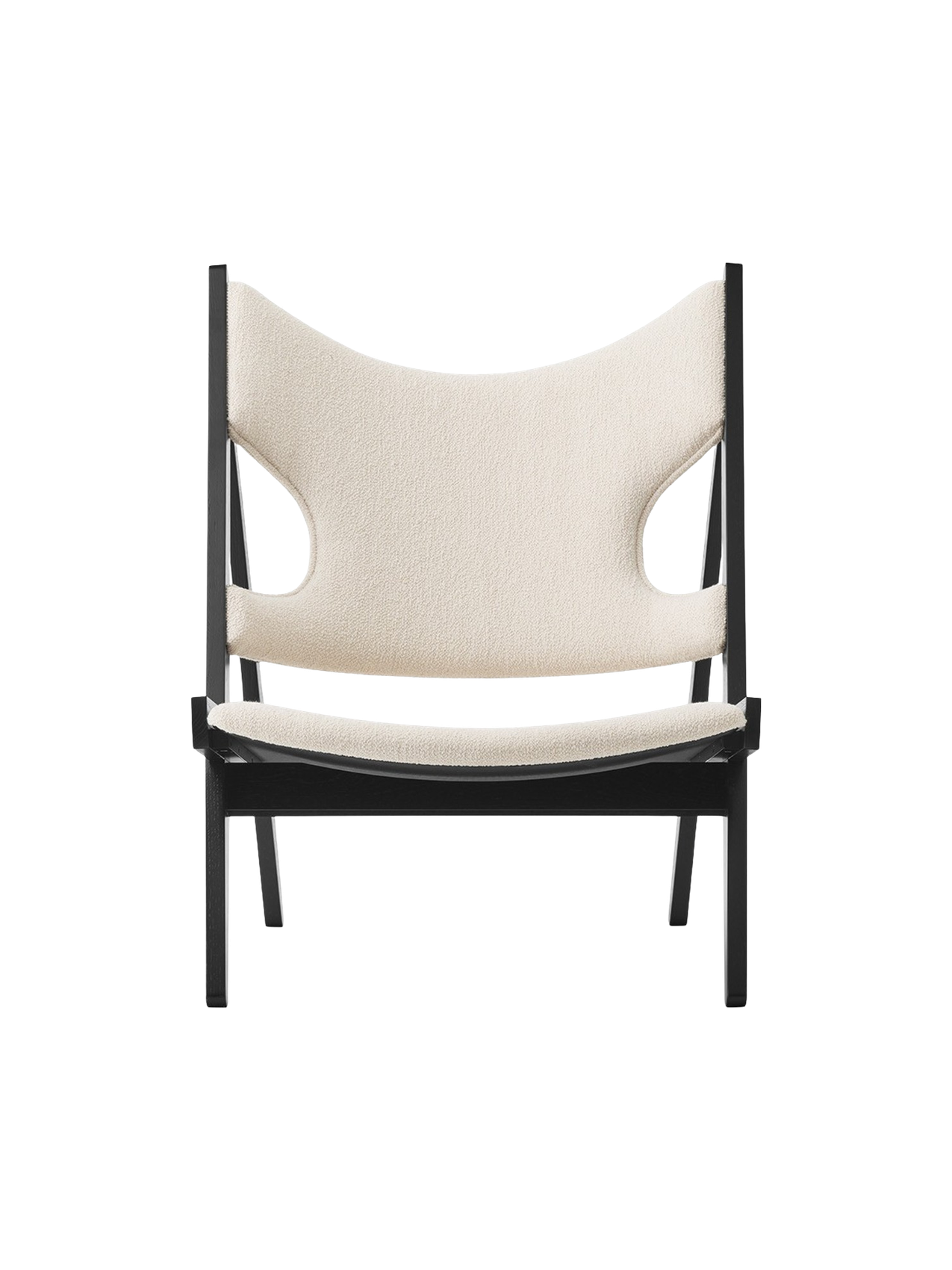 Lounge Chair in Black Oak Elbow Cut-Outs, Ivory Boucl