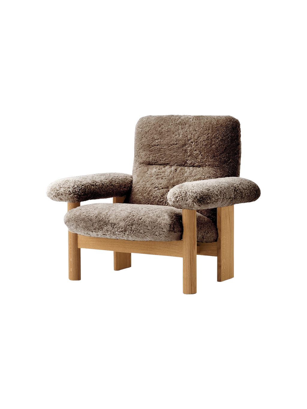 High Back Lounge Chair in Sheepskin Solid Wood Frame, Exaggerated Armrests
