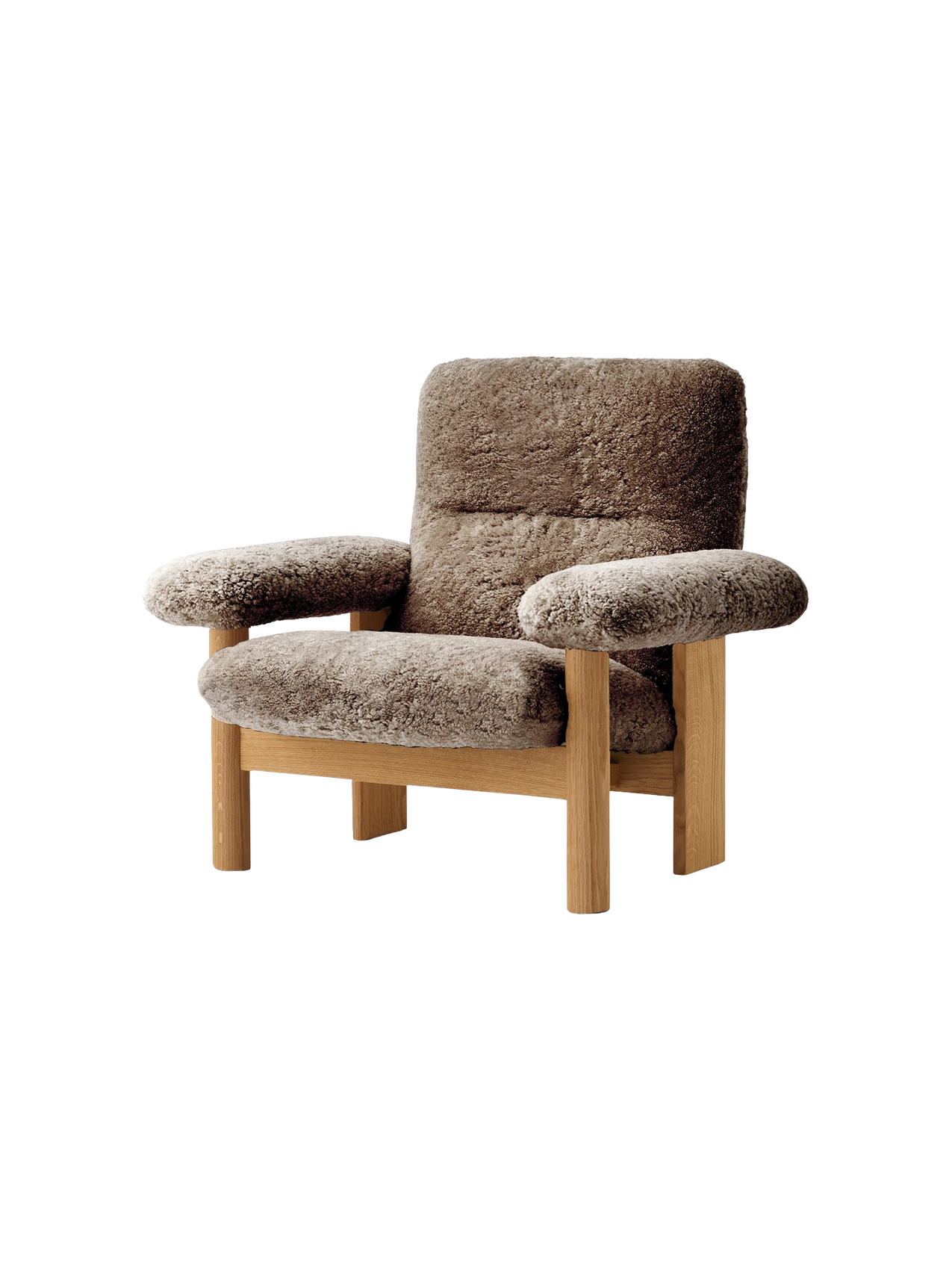 High Back Lounge Chair in Sheepskin Solid Wood Frame, Exaggerated Armrests