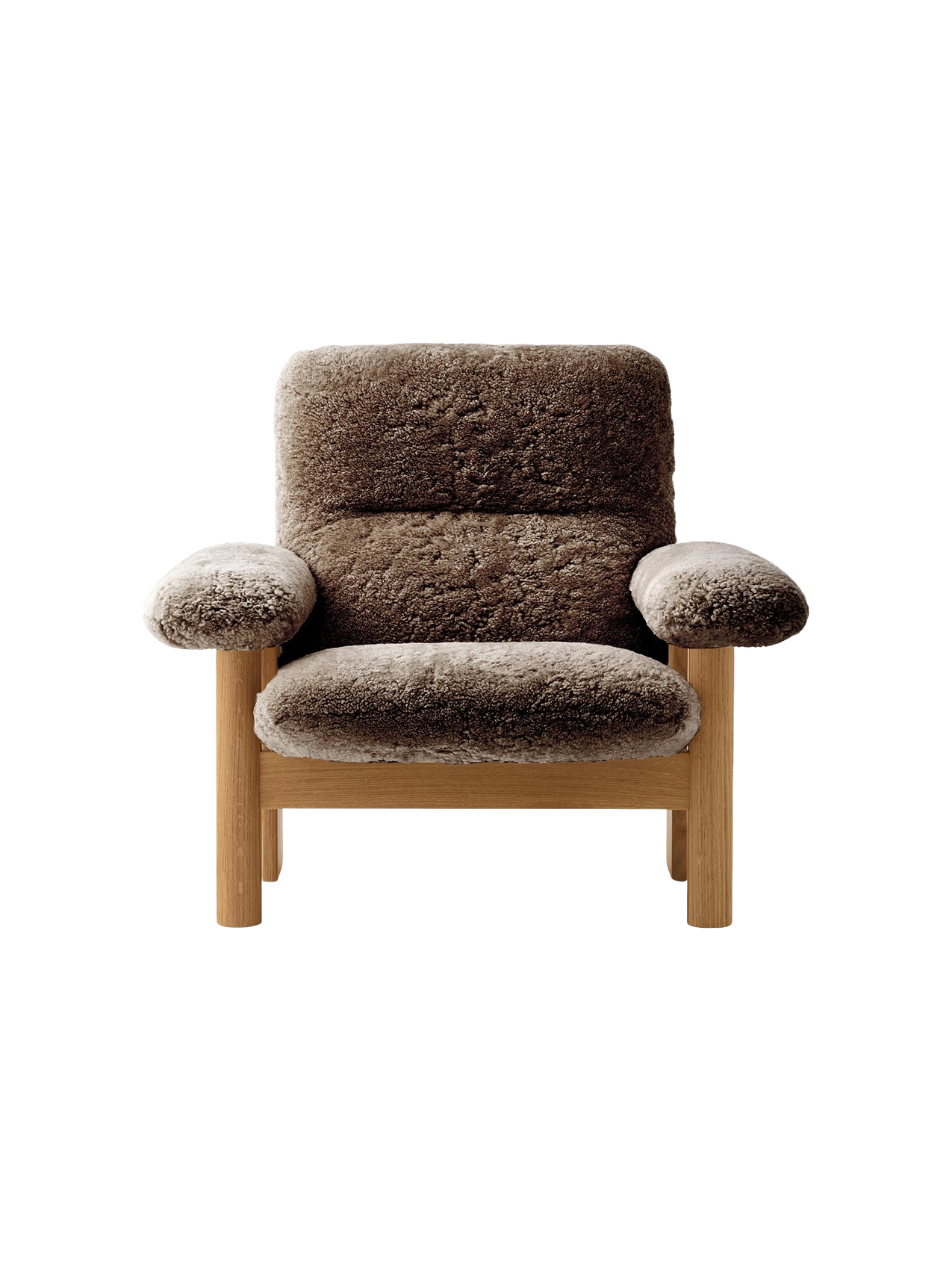 High Back Lounge Chair in Sheepskin Solid Wood Frame, Exaggerated Armrests