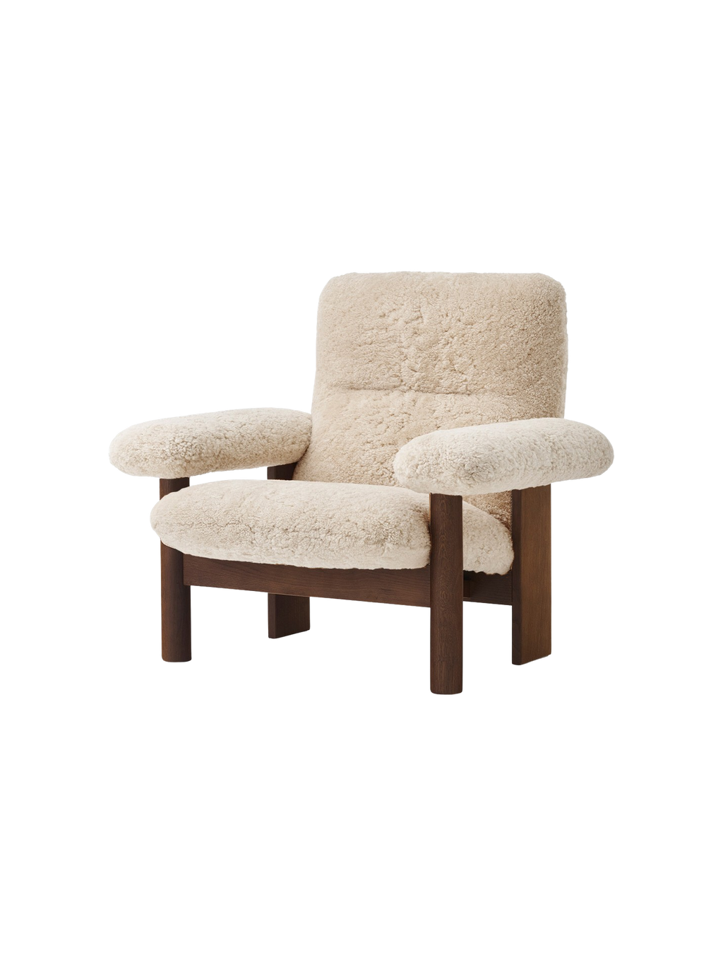 High Back Lounge Chair in Sheepskin Solid Wood Frame, Exaggerated Armrests