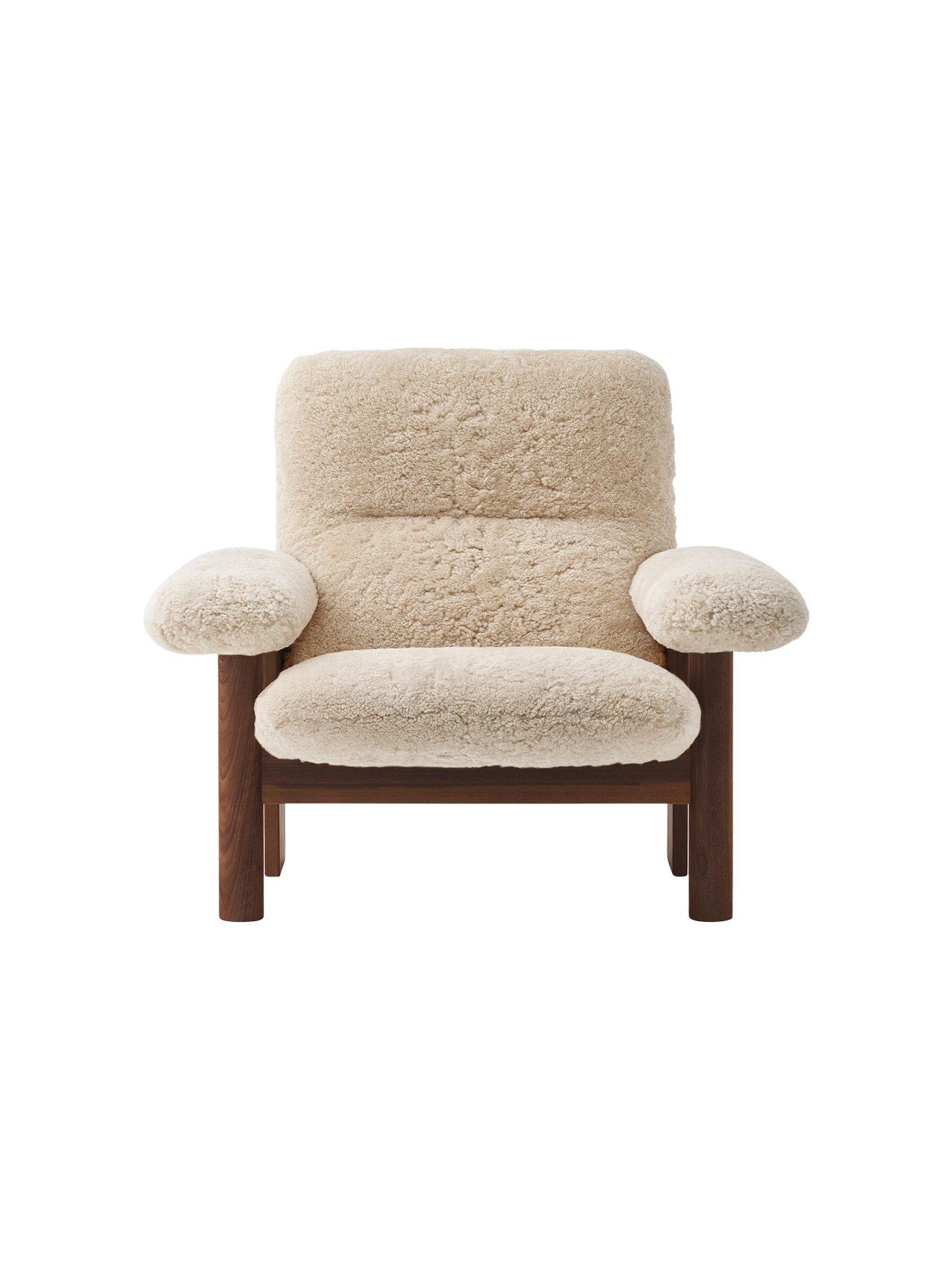 High Back Lounge Chair in Sheepskin Solid Wood Frame, Exaggerated Armrests