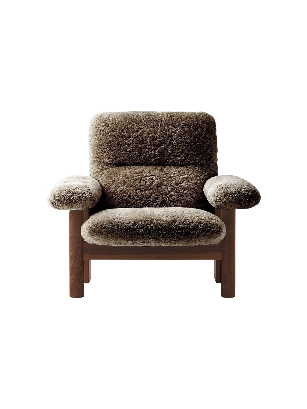 High Back Lounge Chair in Sheepskin Solid Wood Frame, Exaggerated Armrests
