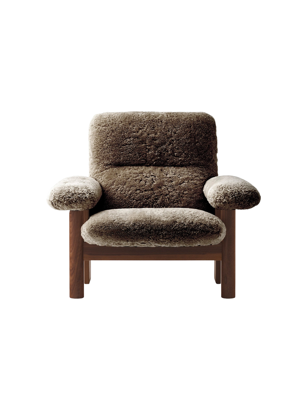 High Back Lounge Chair in Sheepskin Solid Wood Frame, Exaggerated Armrests