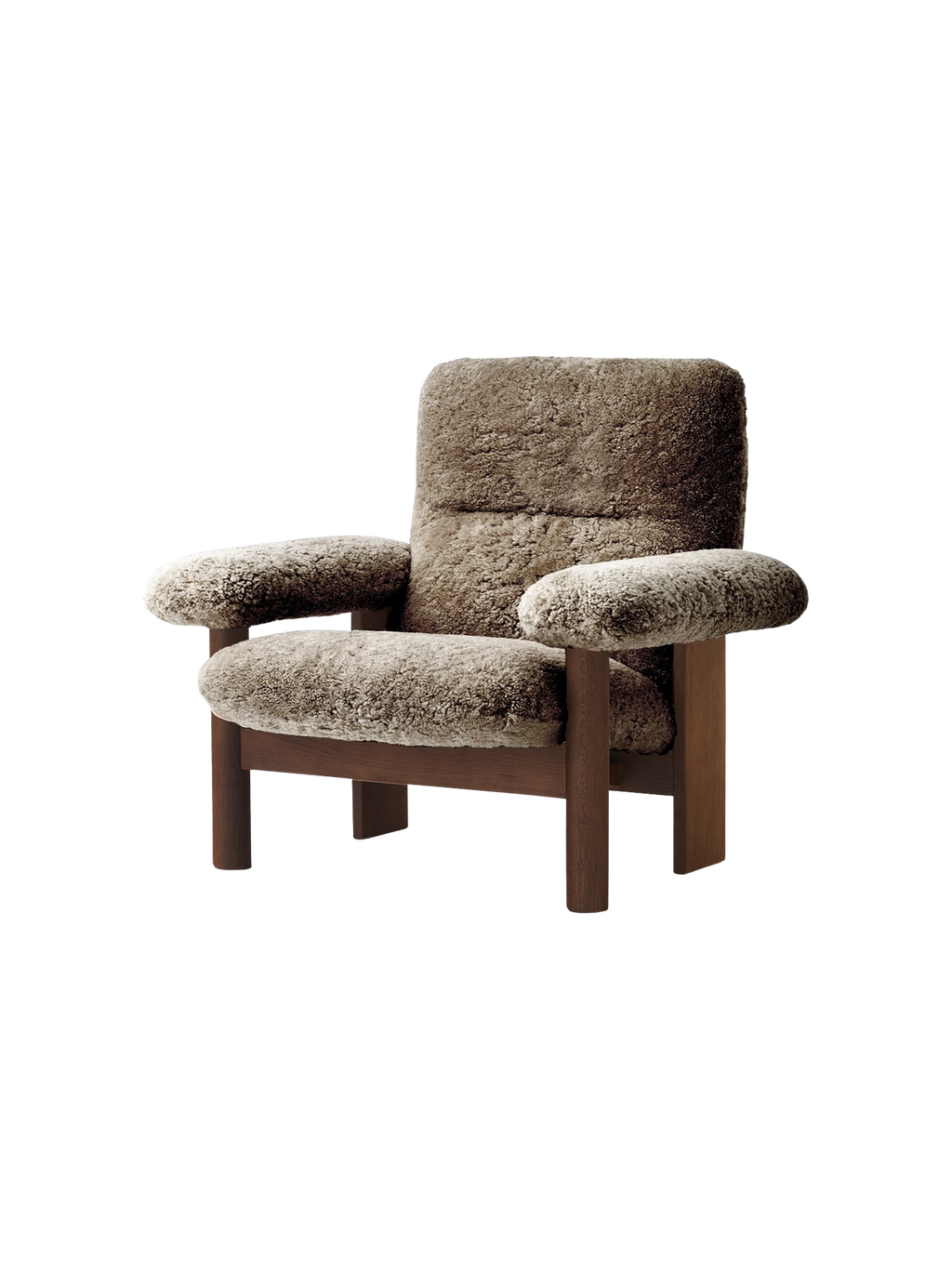 High Back Lounge Chair in Sheepskin Solid Wood Frame, Exaggerated Armrests