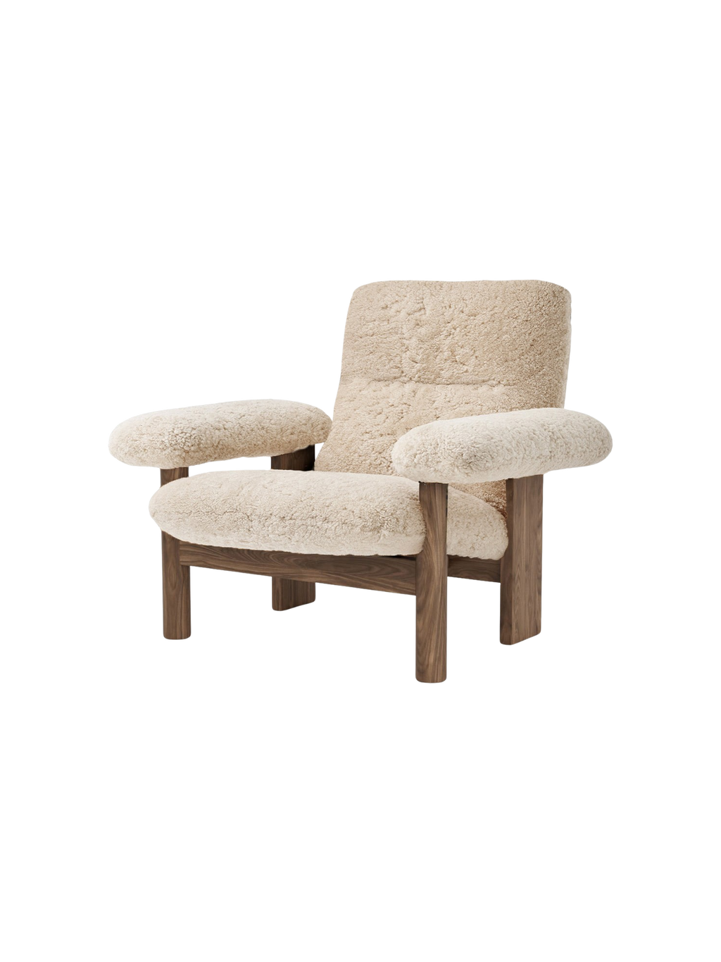 High Back Lounge Chair in Sheepskin Solid Wood Frame, Exaggerated Armrests