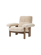 High Back Lounge Chair in Sheepskin Solid Wood Frame, Exaggerated Armrests