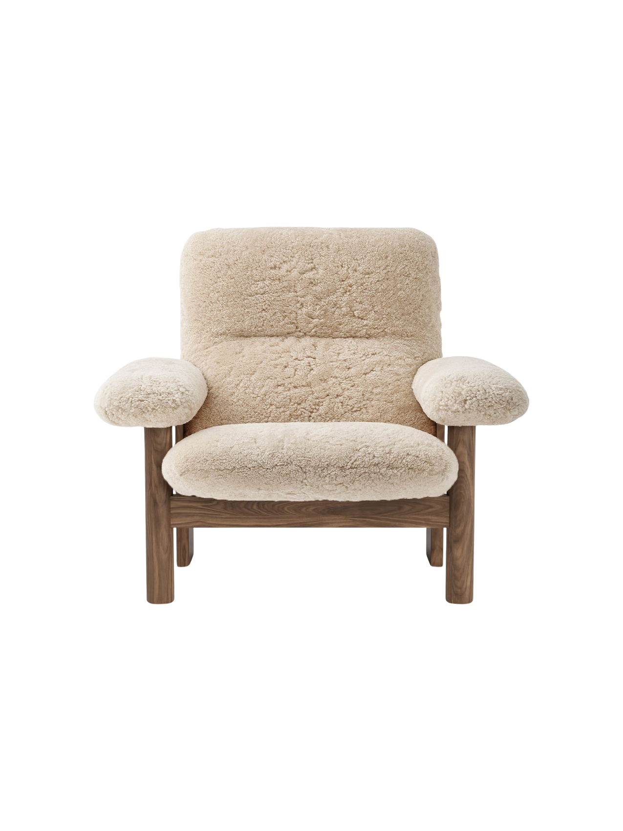 High Back Lounge Chair in Sheepskin Solid Wood Frame, Exaggerated Armrests