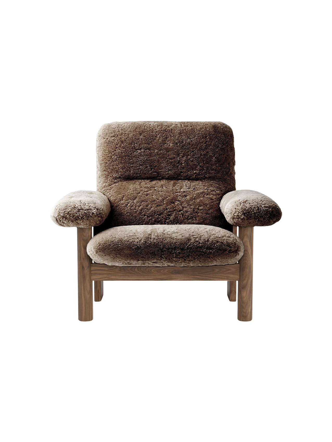 High Back Lounge Chair in Sheepskin Solid Wood Frame, Exaggerated Armrests