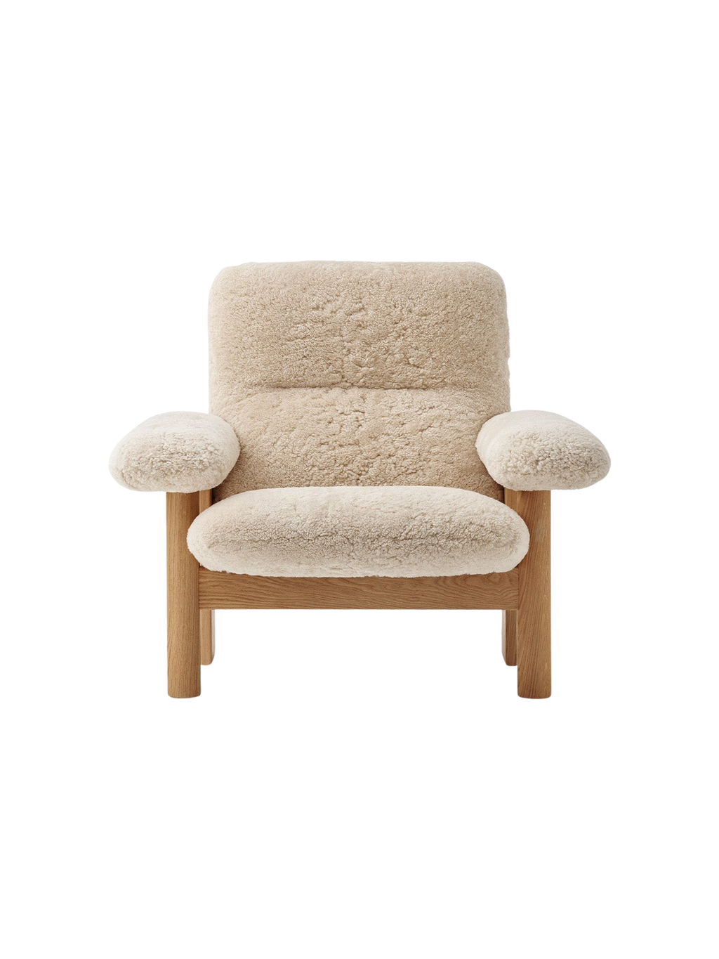 High Back Lounge Chair in Sheepskin Solid Wood Frame, Exaggerated Armrests