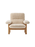 High Back Lounge Chair in Sheepskin Solid Wood Frame, Exaggerated Armrests