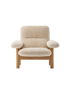 High Back Lounge Chair in Sheepskin Solid Wood Frame, Exaggerated Armrests