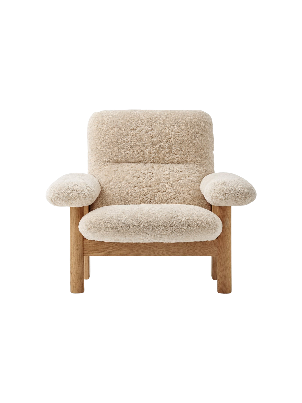 High Back Lounge Chair in Sheepskin Solid Wood Frame, Exaggerated Armrests