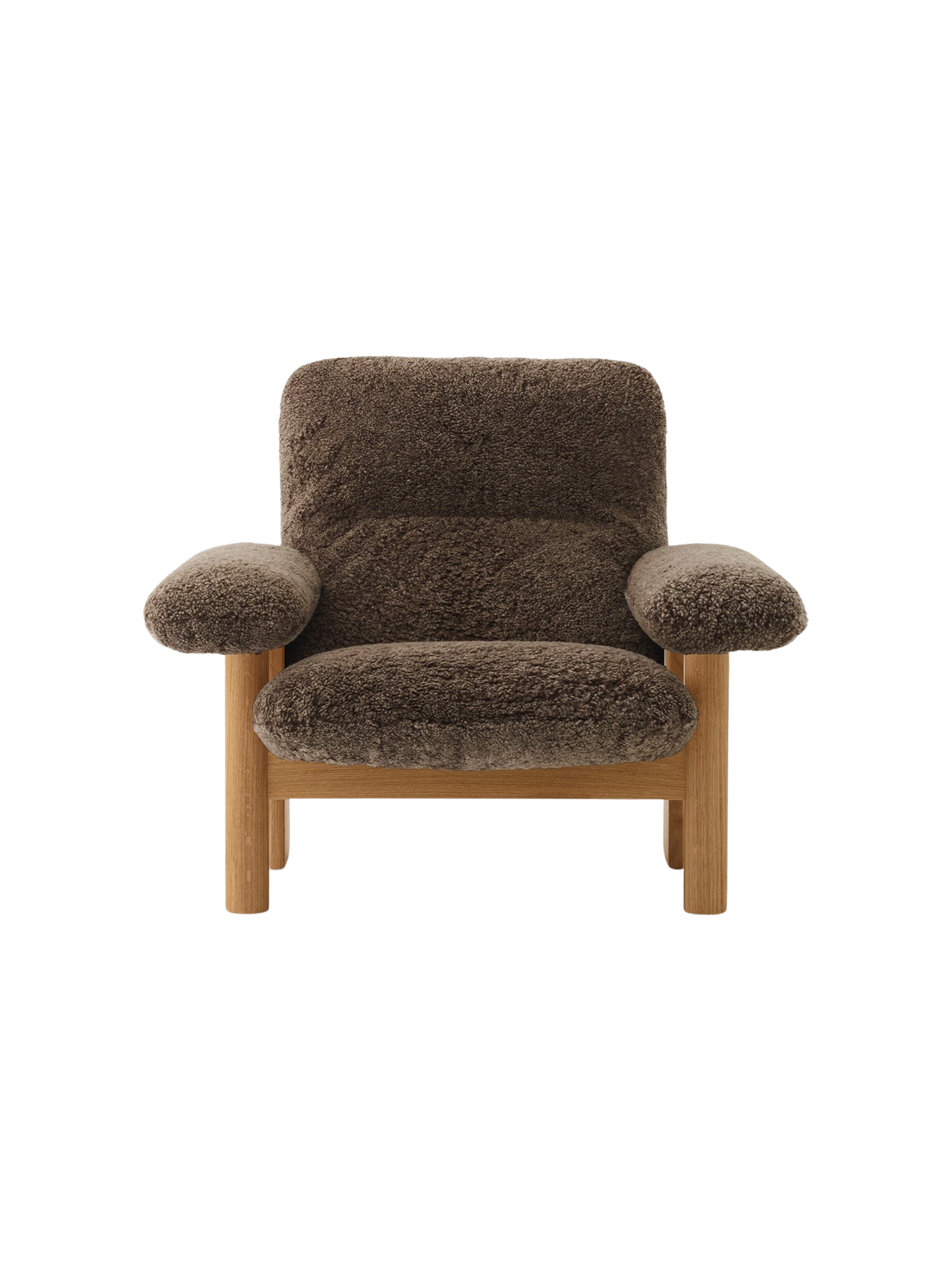High Back Lounge Chair in Sheepskin Solid Wood Frame, Exaggerated Armrests