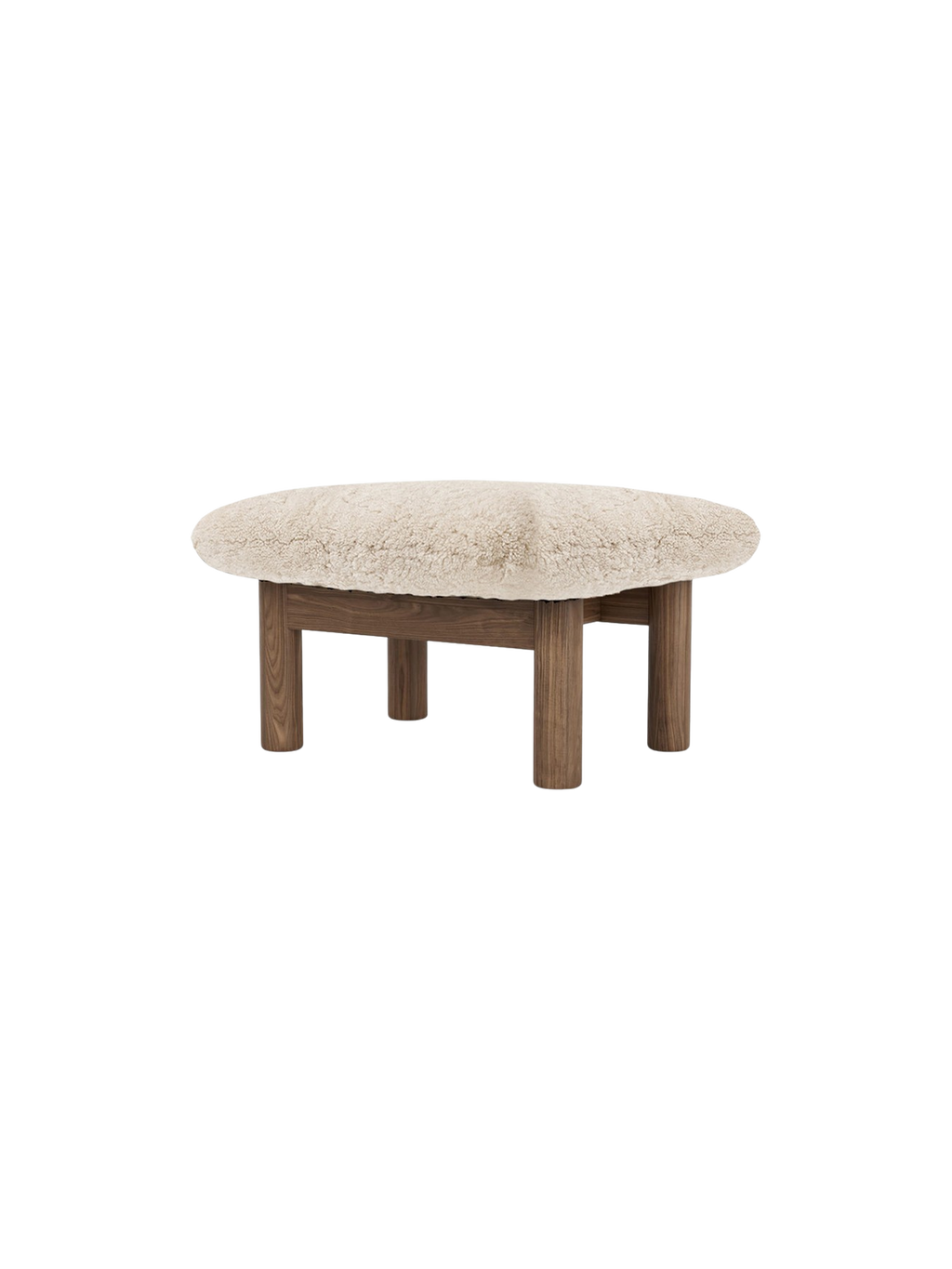 Ottoman in Sheepskin Cylindrical Legs, Versatile Use, 3 Wood Options