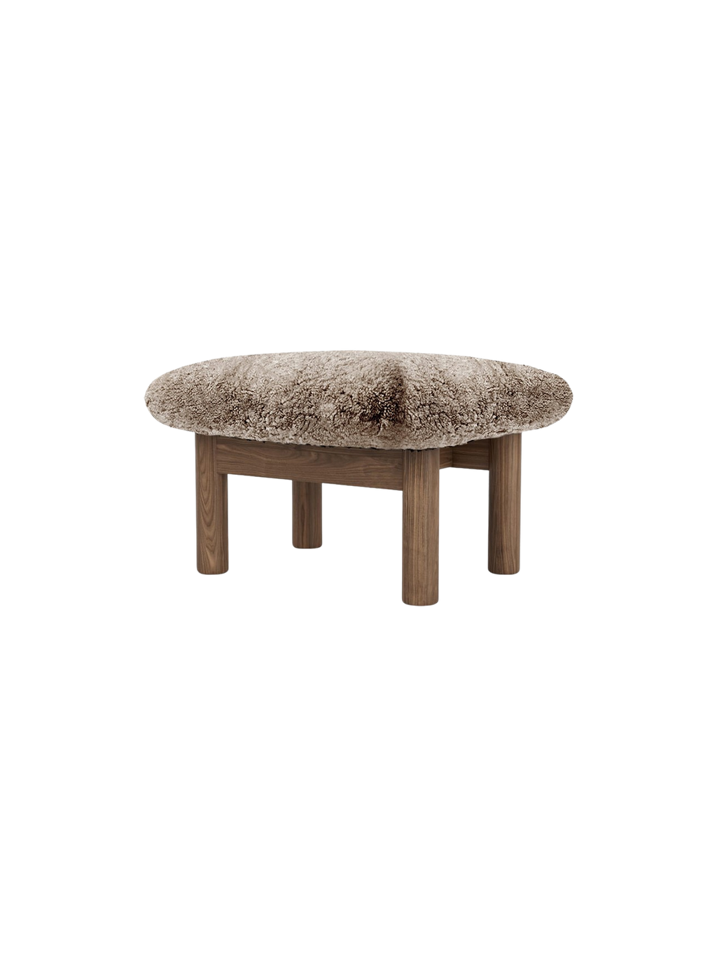 Ottoman in Sheepskin Cylindrical Legs, Versatile Use, 3 Wood Options