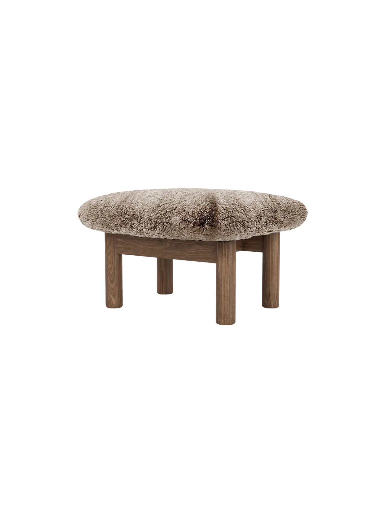 Ottoman in Sheepskin Cylindrical Legs, Versatile Use, 3 Wood Options