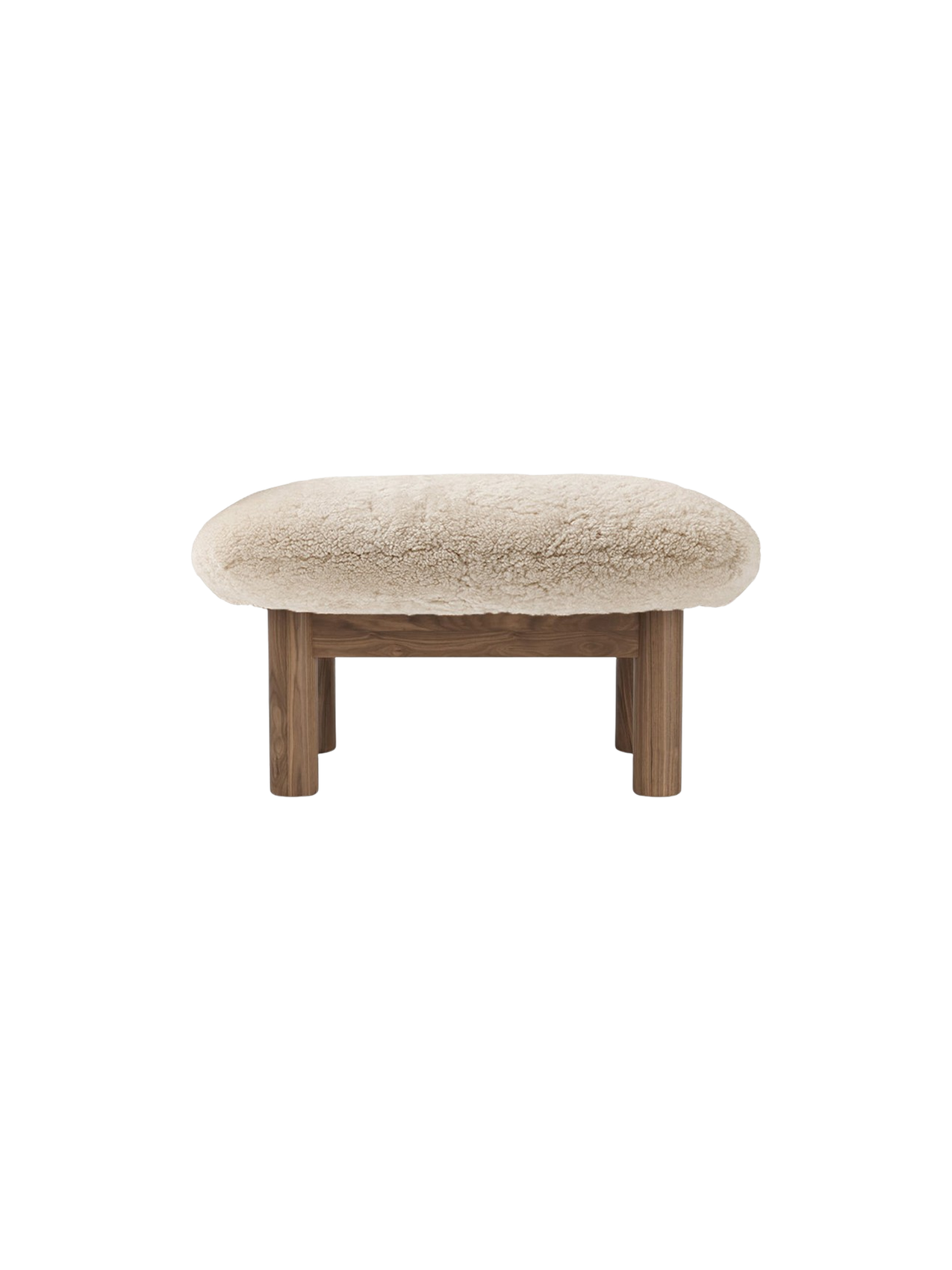 Ottoman in Sheepskin Cylindrical Legs, Versatile Use, 3 Wood Options