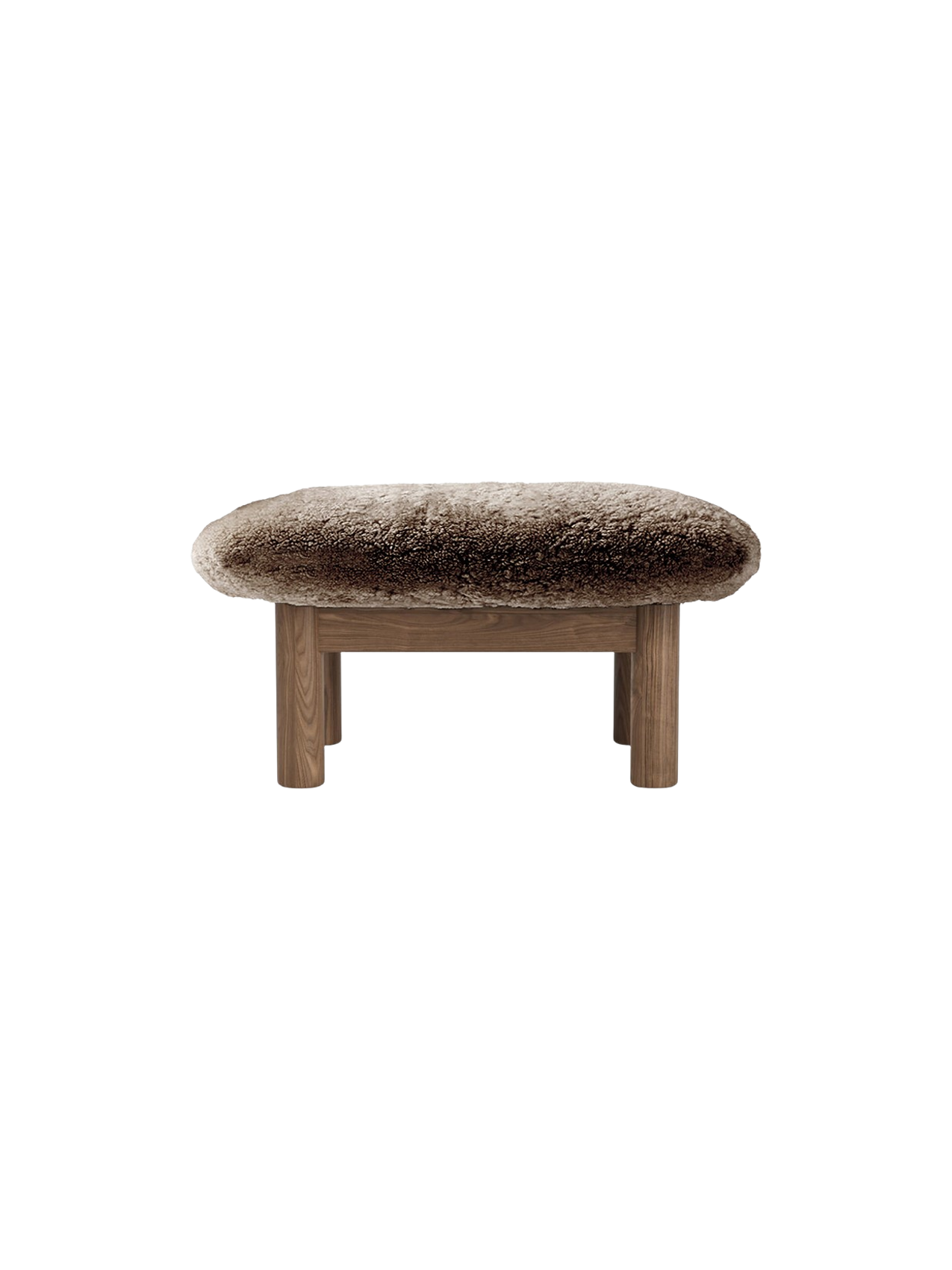 Ottoman in Sheepskin Cylindrical Legs, Versatile Use, 3 Wood Options